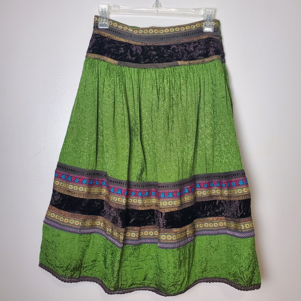 Ailleurs Indian Midi Skirt Green Small Velvet‎ Embroidered Damask Jacquard Boho